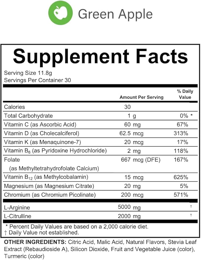 L-Arginine Complete, Green Apple - 5000mg L Arginine, Nitric Oxide Booster, Natural Supplement, Increases Energy and Endurance