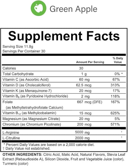 L-Arginine Complete, Green Apple - 5000mg L Arginine, Nitric Oxide Booster, Natural Supplement, Increases Energy and Endurance