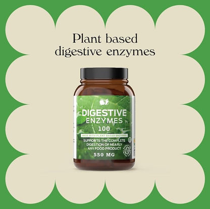 Digestive Enzymes Supplements, Natural Plant Based Superfood - 100 Capsules 600mg Probiotics Amylase Bromelain Lipase