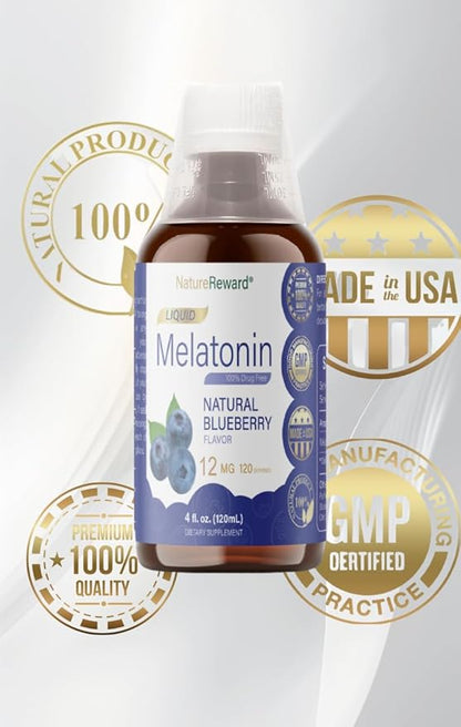 Melatonin 12mg | 4 fl oz Liquid |120 Servings | Blueberry Flavor | for Adults | Non-GMO, Vegetarian Supplement
