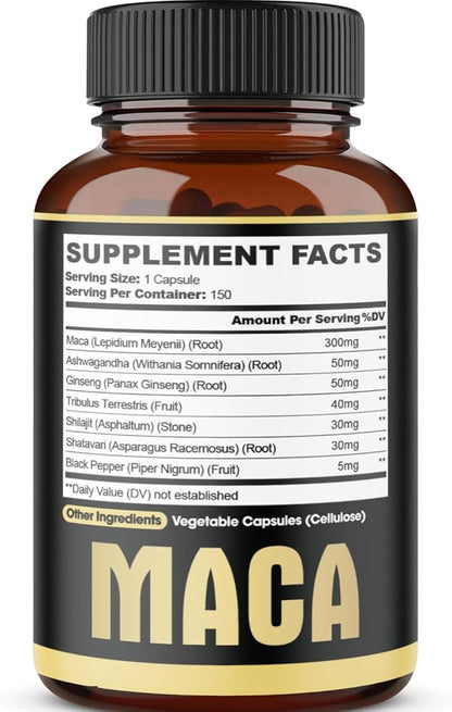 7in1 Premium Maca Root Capsules - with Ashwagandha, Ginseng, Tribulus, Shilajit, Shatavari & Black Pepper - Natural Energy, Performance & Mood Support - 150 Counts for 5 Months