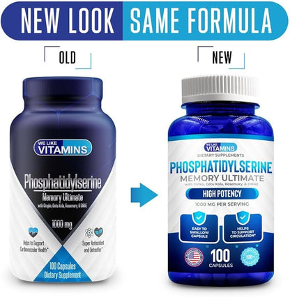 We Like Vitamins Phosphatidylserine Supplement with Gingko Biloba, Gotu Kola, DMAE - Improves Focus, Memory, Cognitive Function - Soy-Free 1000mg Memory Ultimate Complex - 100 Easy-to-Swallow Capsules