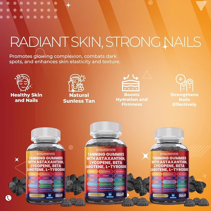 Sugar Free Tanning Gummies Glowing Skin and Strong Nails Gummies – Hydration, Collagen, Biotin, Vitamin C, Anti-Aging, UV Protection, and Natural Glow for Healthy Skin, Nails, and Radiant Complexion