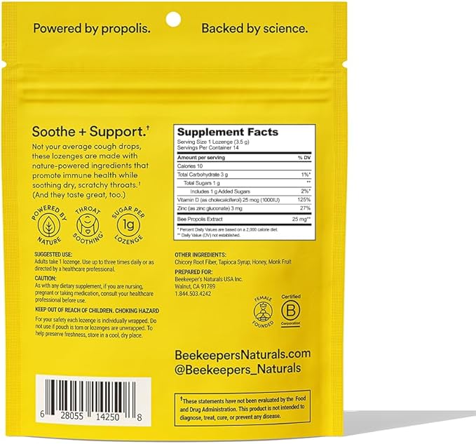 Soothing Honey Cough Drops - Immune Support with Vitamin D, Zinc and Propolis - by Beekeeper's Naturals - Throat Soothing Lozenges, 14 Ct