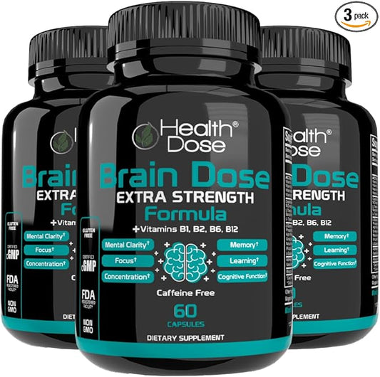 Brain Dose Premium Nootropics - Caffeine-Free Extra Strength Formula for Men & Women - Supports Brain Health, Cognitive Focus & Memory Retention, Pack of 3.