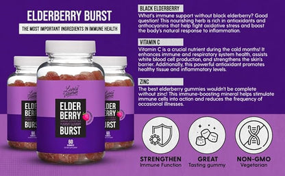 LIVELY VITAMIN CO. Elderberry Burst Gummies for Kids & Adults - Boosts Immune Health - Helps Avoid Colds & Illness - Black Elderberry, Vitamin C & Zinc - 3 Grams of Sugar - No Gelatin - 60 Gummies
