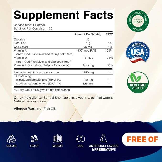 Vitamatic 2 Pack Icelandic Cod Liver Oil Capsules 1250mg 120 Softgels (Lemon Flavor) - Promotes Cardiovascular Health