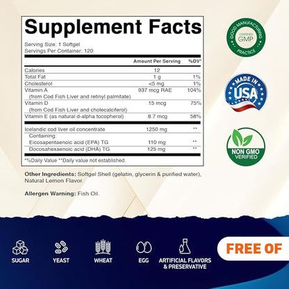Vitamatic 2 Pack Icelandic Cod Liver Oil Capsules 1250mg 120 Softgels (Lemon Flavor) - Promotes Cardiovascular Health