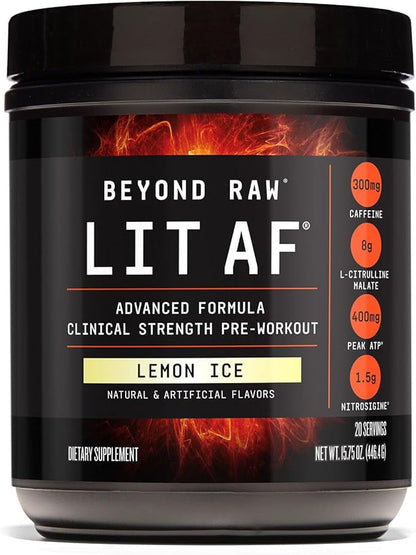 BEYOND RAW LIT Advanced Pre Workout Formula, Lemon Ice, for Energy, Focus, Endurance, Pumps, with 300mg Rapid and Targeted Release Caffeine, Creatine, Betaine, Beta Alanine, Taurine, 20 Servings