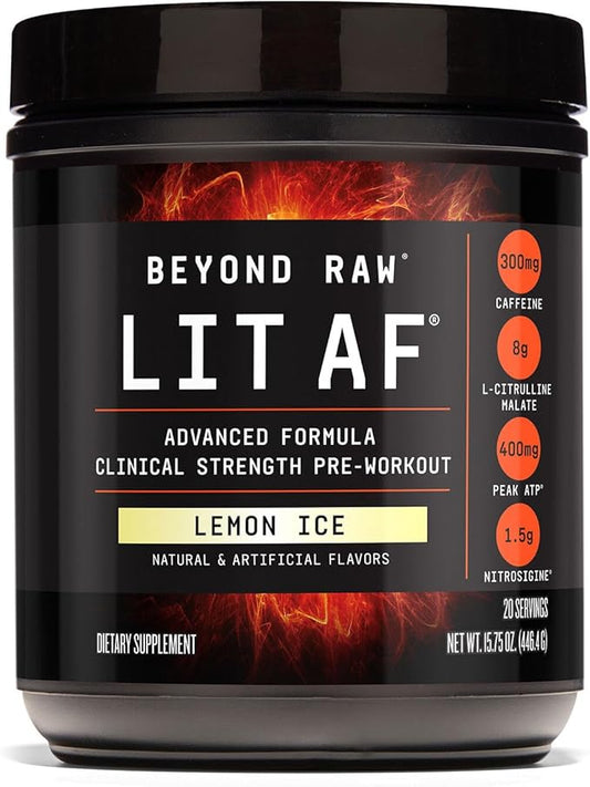 BEYOND RAW LIT Advanced Pre Workout Formula, Lemon Ice, for Energy, Focus, Endurance, Pumps, with 300mg Rapid and Targeted Release Caffeine, Creatine, Betaine, Beta Alanine, Taurine, 20 Servings