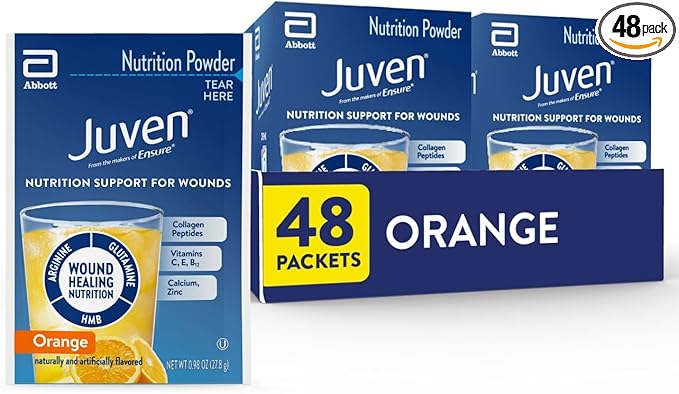 Juven Therapeutic Nutrition Drink Powder Including Collagen Peptides, Amino Acids, and HMB For Wound Healing Support, Orange, 48 Packets