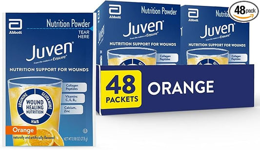 Juven Therapeutic Nutrition Drink Powder Including Collagen Peptides, Amino Acids, and HMB For Wound Healing Support, Orange, 48 Packets