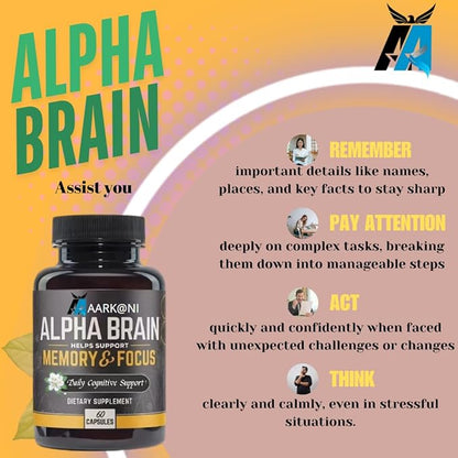 Aarkani Alpha Brain Nootropic Supplement for Memory, Focus & Mental Clarity – Cognitive Boost for Students, Professionals & Gamers – Caffeine, Alcohol & Gluten-Free (60 Capsules)