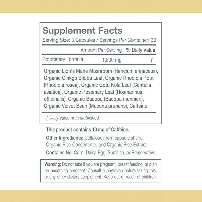 Balanced Vibe Brain Formula | Plant-Based Nootropic for Focus, Clarity & Memory | Organic Lion’s Mane, Ginkgo, Bacopa, Rhodiola, Gotu Kola | Vegan Capsules | 30 Day Supply