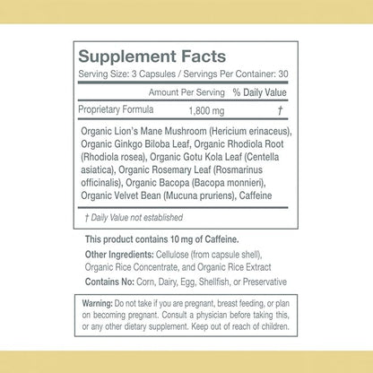Balanced Vibe Brain Formula | Plant-Based Nootropic for Focus, Clarity & Memory | Organic Lion’s Mane, Ginkgo, Bacopa, Rhodiola, Gotu Kola | Vegan Capsules | 30 Day Supply