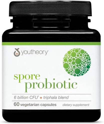 Youtheory Spore Probiotic - 6 Billion CFU - Probiotic Digestive Supplement* - Resists Stomach Acid Breakdown* - Dairy, Gluten & Soy Free - 60 Vegetarian Capsules
