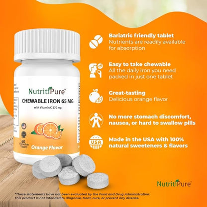 Chewable Iron 65 mg with Vitamin C 270 mg (for Women/Men) |60 Days Supply | No Sugar- Zesty Orange Flavor Supplement 60 Count