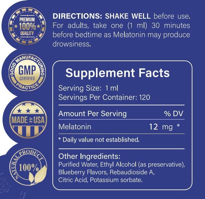 Melatonin 12mg | 4 fl oz Liquid |120 Servings | Blueberry Flavor | for Adults | Non-GMO, Vegetarian Supplement