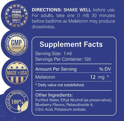 Melatonin 12mg | 4 fl oz Liquid |120 Servings | Blueberry Flavor | for Adults | Non-GMO, Vegetarian Supplement