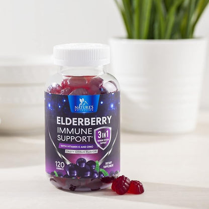 Sambucus Elderberry Immune Gummies, Daily Elderberry Immune Support Vitamins with Vitamin C, Vitamin D3, Zinc, Immune Support Gummy Vitamin Supplement, Black Elder berry for Adult & Kid - 120 Gummies