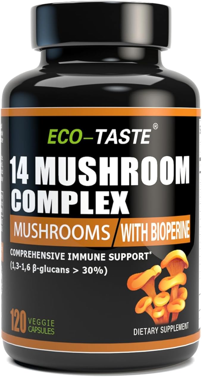14 Mushrooms Supplement 120 Capsules - Immune System Booster & Nootropic Brain Supplement – with Lion’s Mane, Reishi, Maitake, Turkey Tail, Chaga Complex – Black Pepper for Absorption, 30% Beta-Glucan