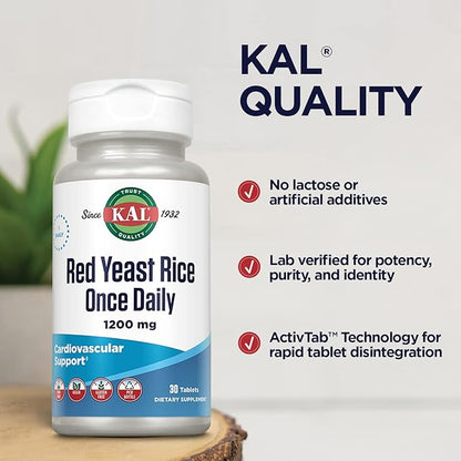 KAL Red Yeast Rice Once Daily 1200mg, Cardiovascular Support* Supplement with Naturally Occurring Unsaturated Fatty Acids, Amino Acids & Phytonutrients, Vegan, Gluten Free, 30 Servings, 30 Tablets