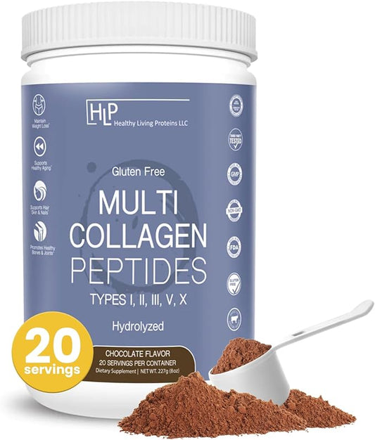 Healthy Living Proteins - Hydrolyzed Multi Collagen Peptides Powder Types I, II, III, V & X - Grass Fed Bovine, Wild Caught Marine, Free Range Chicken - Gluten Free (Chocolate, 8 oz)