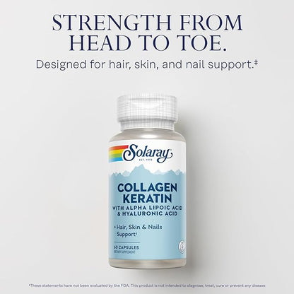 SOLARAY Collagen Keratin with Alpha Lipoic Acid and Hyaluronic Acid - Type I, II and III Collagen Pills - Hair, Skin, Nails, and Joint Health Support - 30 Servings, 60 Capsules