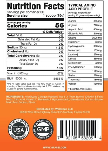 Hydrolyzed Collagen Peptides Powder with Vitamin C & Resveratrol - Hair, Skin and Nails Vitamins for Women & Men - Bone and Joint Supplement - Unflavored - 16 oz