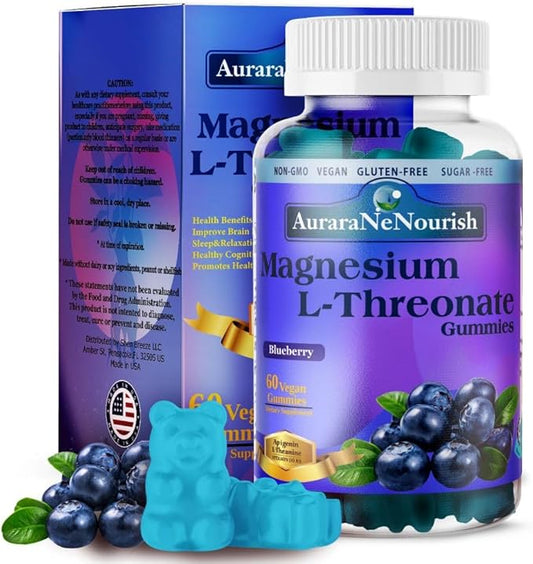 Magnesium L-Threonate Gummies with Apigenin L-Theanine Cat Claw Ginkgoo Biloba Fiber VIT D3 K2 B6 Coq10, Focus Memory Brain Support, Magnesium Threonate Gummies Sugar Free Keto Vegan - Blueberry