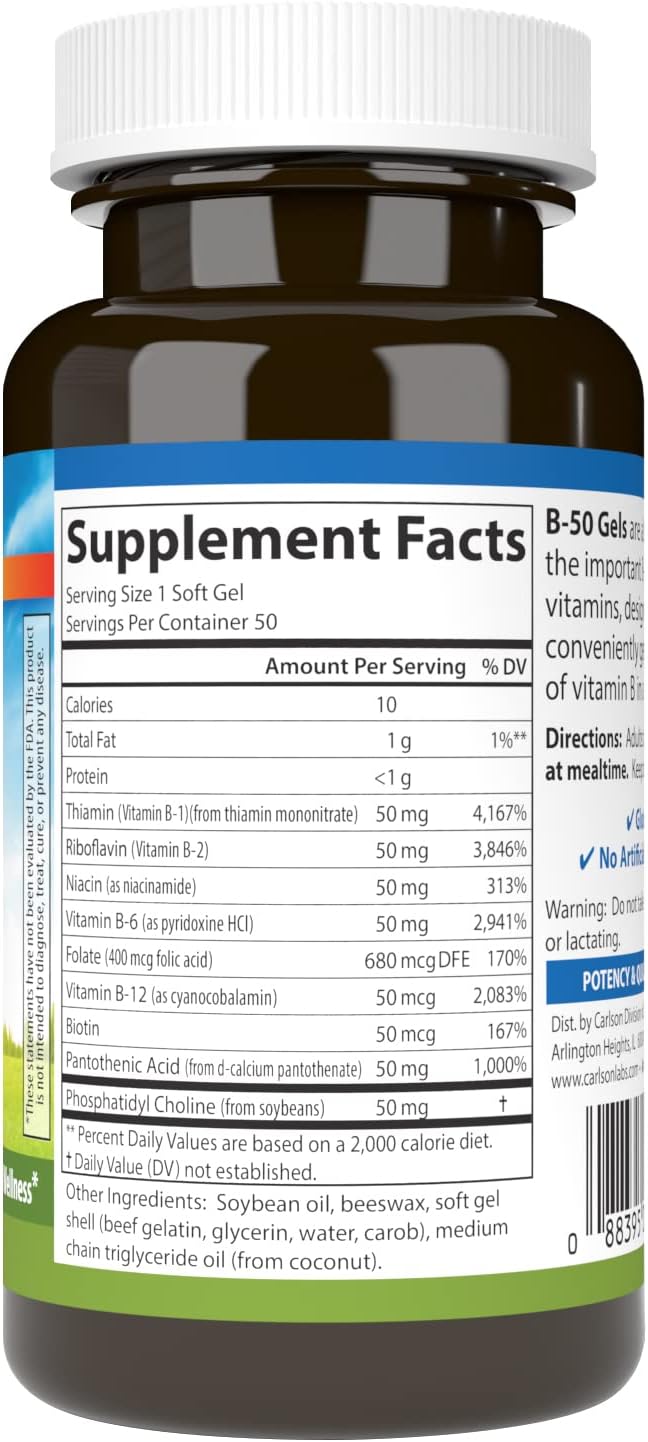 Carlson - B-50 Gels, Vitamin B Complex, Energy Production, Cellular Support & Optimal Wellness, 50 Softgels