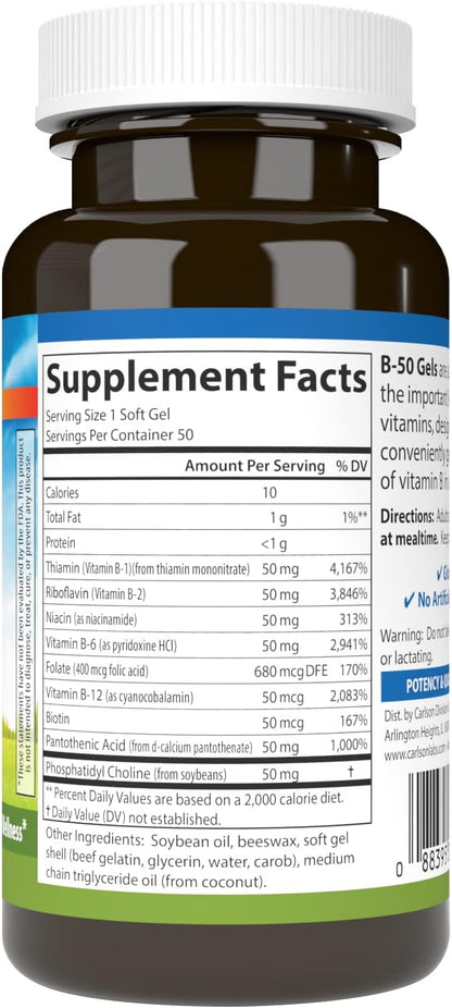 Carlson - B-50 Gels, Vitamin B Complex, Energy Production, Cellular Support & Optimal Wellness, 50 Softgels