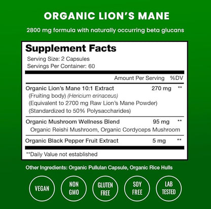 NutraChamps Organic Lions Mane Mushroom Supplement (2 Month Supply - 120 Count) Mental Clarity, Memory & Focus Supplement, Supports Immune System & Brain Health