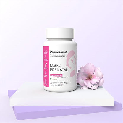 Power By Naturals Prenatal Probiotic Blend Vitamins w/Methylfolate, B12, Iron, Ginger & 27+ Essential Nutrients for Healthy Pregnancy, Prenatal Probiotics for Women, Pregnancy Probiotic, 60 Capsules