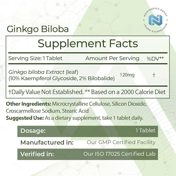 Nootropics Depot Ginkgo Biloba Extract Tablets | 120mg | 90 Count | Minimum 10% Kaempferol Glycoside + 2% Bilobalide | May Help Promote Cognitive & Cardiovascular Function