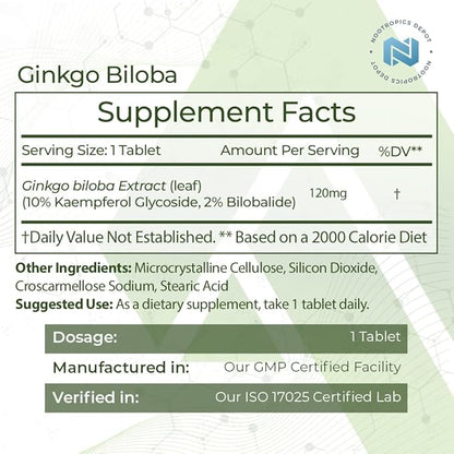 Nootropics Depot Ginkgo Biloba Extract Tablets | 120mg | 90 Count | Minimum 10% Kaempferol Glycoside + 2% Bilobalide | May Help Promote Cognitive & Cardiovascular Function