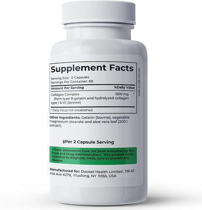 Collagen Complex Premium Supplement 1500 Mg Collagen Type I and III Hydrolyzed Multi Collagen Capsules Support Healthier Hair Skin Bone & Joints Non GMO 120 Veggie Capsules Made in USA
