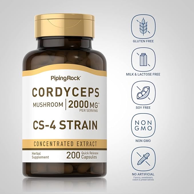 Piping Rock Cordyceps Mushroom Capsules 2000mg | 200 Count | CS-4 Strain | Concentrated Extract | Herbal Supplement | Non-GMO, Gluten Free