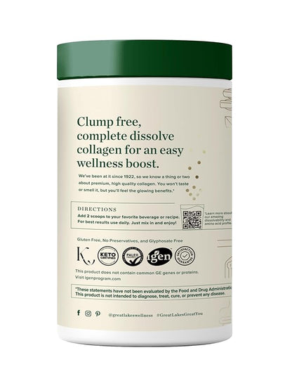 Great Lakes Wellness Collagen Peptides Powder for Skin, Hair, Nails, Joints & Digestion - Unflavored - Quick Dissolve Hydrolyzed, Non-GMO, Keto, Kosher - 10 oz