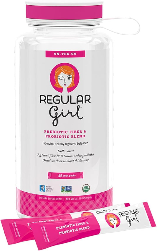 Regular Girl Organic Powder, Starter Kit, Prebiotic Fiber Supplement and Probiotics for Women, 15 Individual Packets & Bottle, Unflavored, 15 Servings