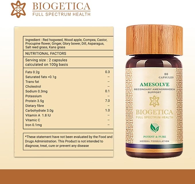 Amesolve Herbal Support for Secondary Amenorrhoea with Punarava and Asparagus Racemose - Helps Regulates The Menstrual Cycle - Non-GMO - 100% Vegan Ayurveda Supplement - 80 Capsules