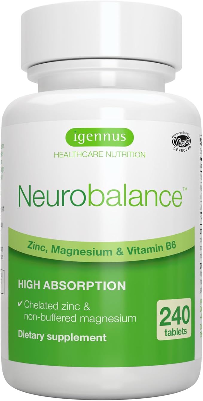 Igennus Neurobalance High Absorption Zinc Magnesium & B6 Complex, Cognitive Support, Focus & Recovery, 24mg Chelated Zinc Picolinate, Oxide-Free Magnesium, Vegan, Non-GMO, 240 Tablets