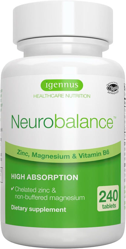 Igennus Neurobalance High Absorption Zinc Magnesium & B6 Complex, Cognitive Support, Focus & Recovery, 24mg Chelated Zinc Picolinate, Oxide-Free Magnesium, Vegan, Non-GMO, 240 Tablets