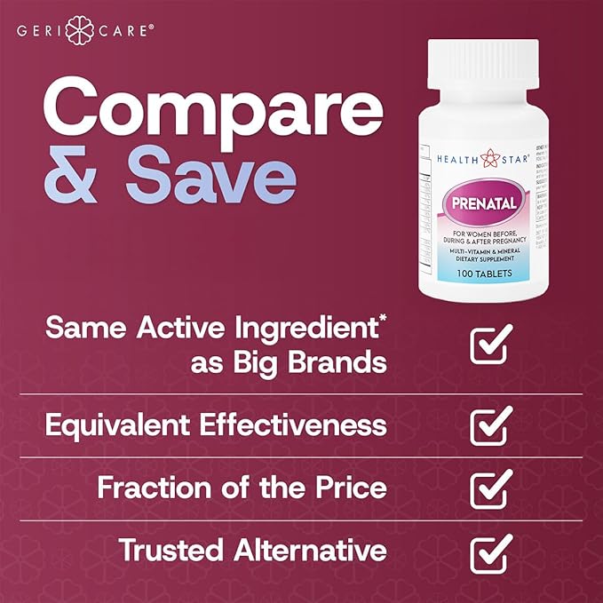GeriCare Prenatal Multivitamin by HealthStar for Healthy Mom and Baby - Folate + Vitamin C + Vitamin D + Iron + Calcium + B12-100 Tablets