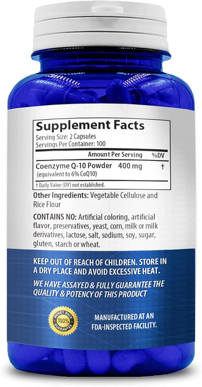 CoQ10 400mg Capsules | Vegan Friendly Coenzyme Q10 400mg per Serving from Easy Absorption Ubiquinone Supplement for Skin Heart and Energy Support | Made in the USA in cGMP Facilities (2 Pack)