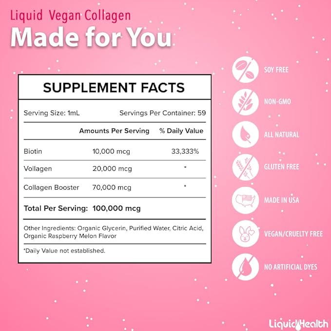 LIQUIDHEALTH 100% Vegan Collagen Plus Biotin 100,000mcg Liquid Drops - Plant-Based Liquid Collagen for Women & Men - Hair & Nail Growth, Skin Health, Boosts Metabolism - Made in USA, Non-GMO (2 Pack)