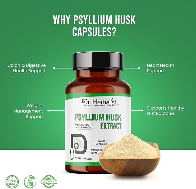 Dr. HERBALIST Psyllium Husk Capsules | 500mg Fast Absorbing Psyllium Fiber | Easy to Swallow & Digest | Digestive Health Support | Dietary Fiber Supplement | Fiber Capsules | Psyllium Fiber Capsules
