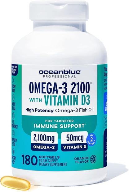 Oceanblue Professional Omega-3 2100 with Vitamin D3 – 180 ct – Triple Strength Burpless Fish Oil Supplement with High-Potency EPA, DHA, DPA – Wild-Caught – Orange Flavor (90 Servings)