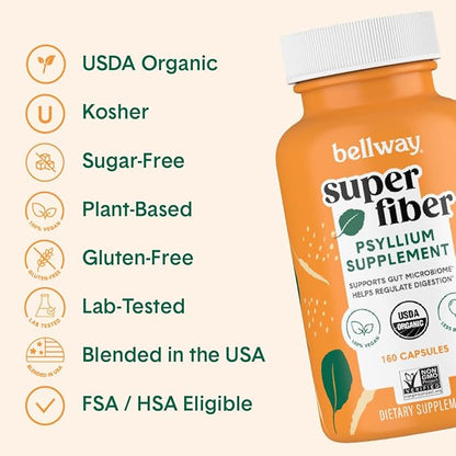 Bellway Super Fiber Capsules - USDA Organic Psyllium Husk Capsules - Daily Psyllium Husk Fiber Supplement for Digestive Health and Regularity - Plant Based, Non-GMO, Kosher - 160 Capsules