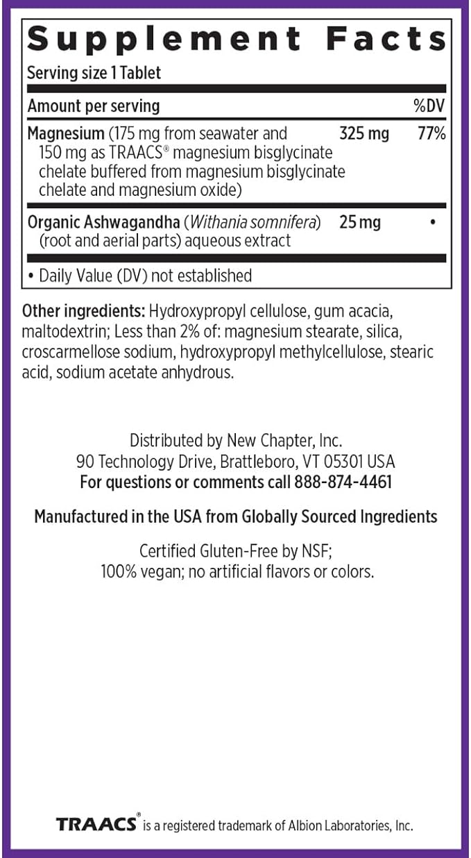 New Chapter Magnesium + Ashwagandha Supplement, 325 mg with Magnesium Glycinate, Calm & Relaxation, Muscle Recovery, Heart & Bone Health, 2.5x Absorption, Gluten Free, Non-GMO - 30 ct (1 Month Supply)